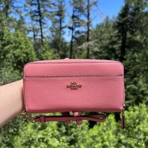 COACH Long Zip-Around Pink Pebble Leather Wallet with Gold Hardware AUTHENTIC